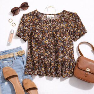 💚  Self Esteem Floral Button Front Top | Size M | Brown Boho Peplum Blouse